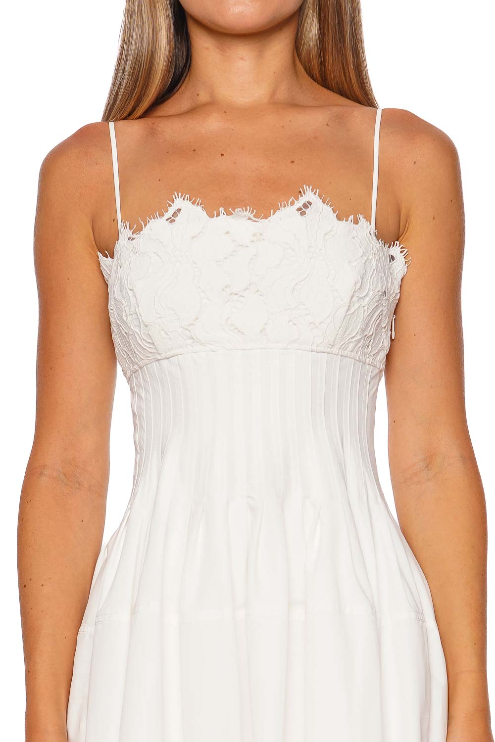 SIMKHAI Lilianna White Lace Pleated Midi Dress