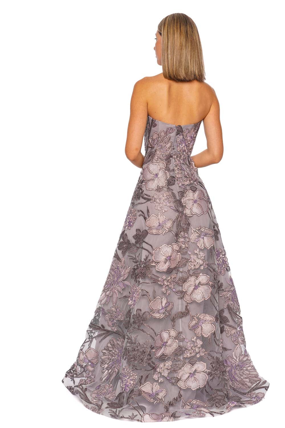 Naeem Khan Lilac Silver Floral Embroidered Strapless Gown