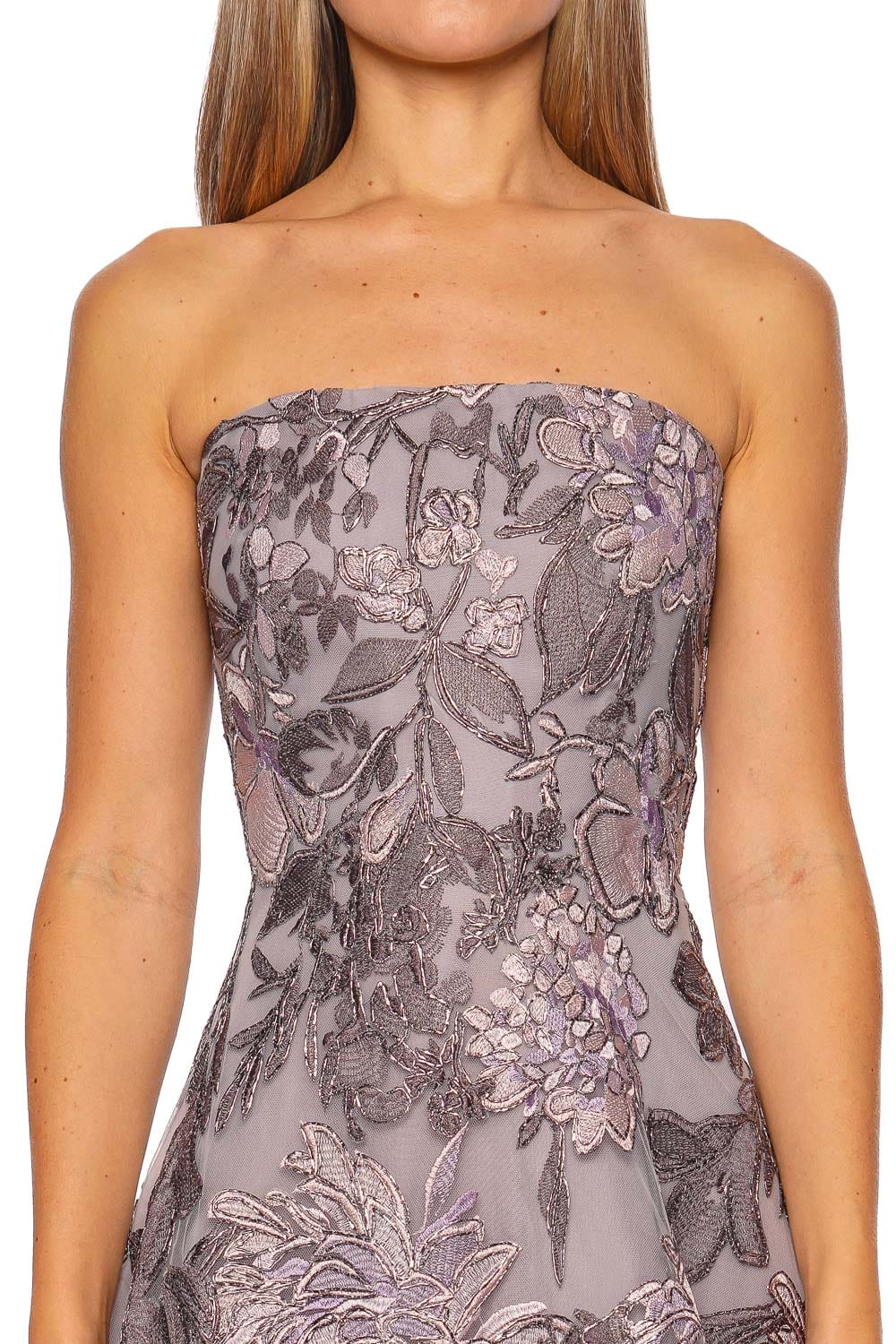 Naeem Khan Lilac Silver Floral Embroidered Strapless Gown