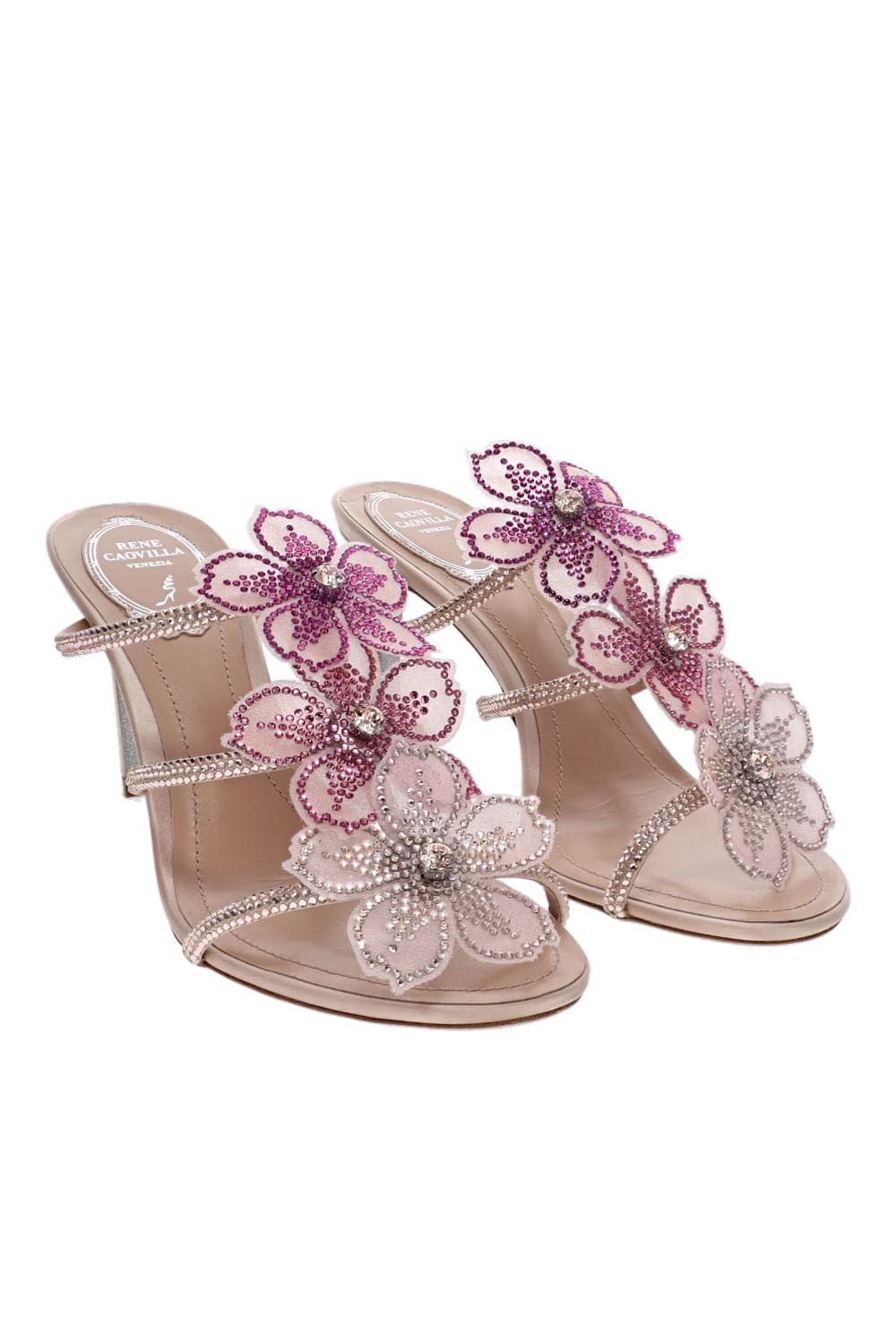 RENE CAOVILLA Peach Flower Embellished Leather Mule