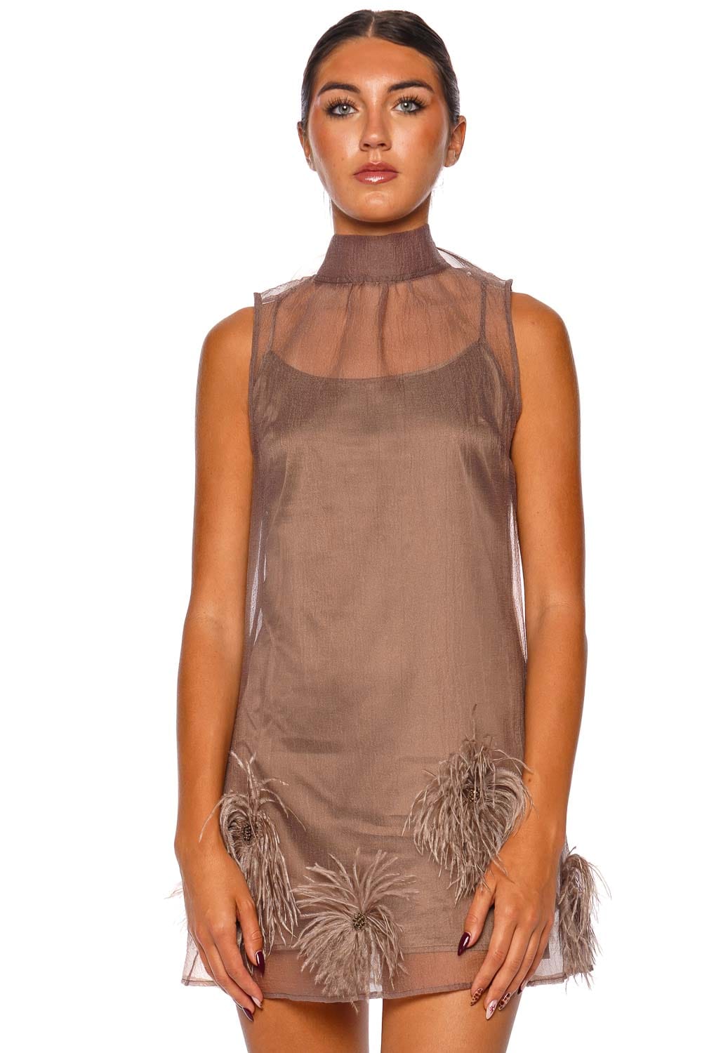 Staud Albee Truffle High Neck Sleeveless Mini Dress