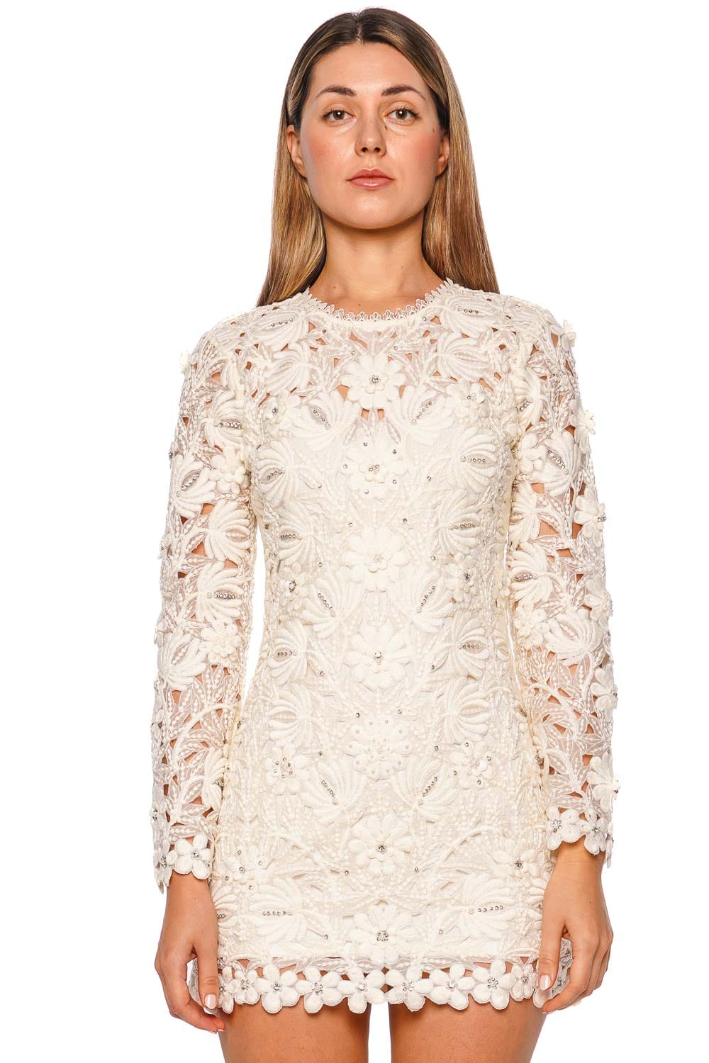 LoveShackFancy Caletta Ivory Lace Long Sleeve Mini Dress