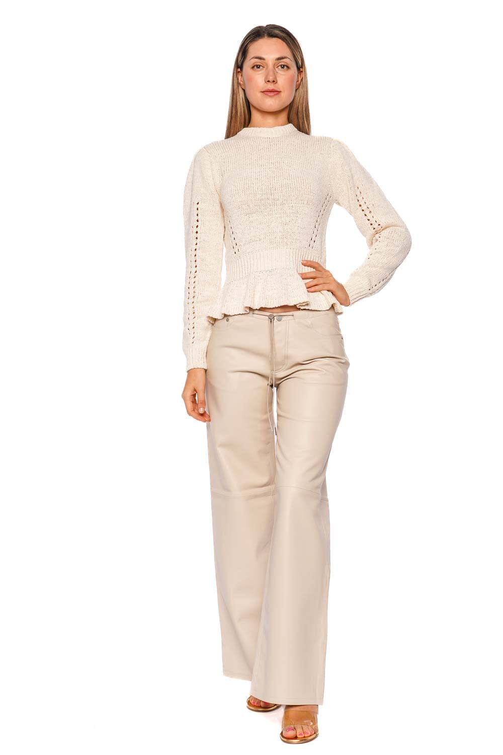 Still Here Cool Beige Leather Low Rise Wide Leg Pant