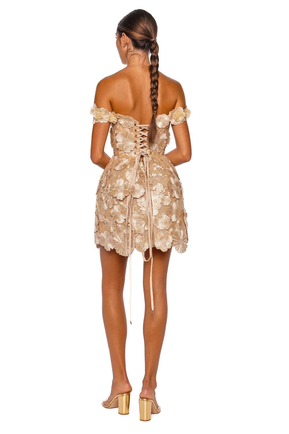 Bronx and Banco Jasmine Maraya Gold Off Shoulder Mini Dress