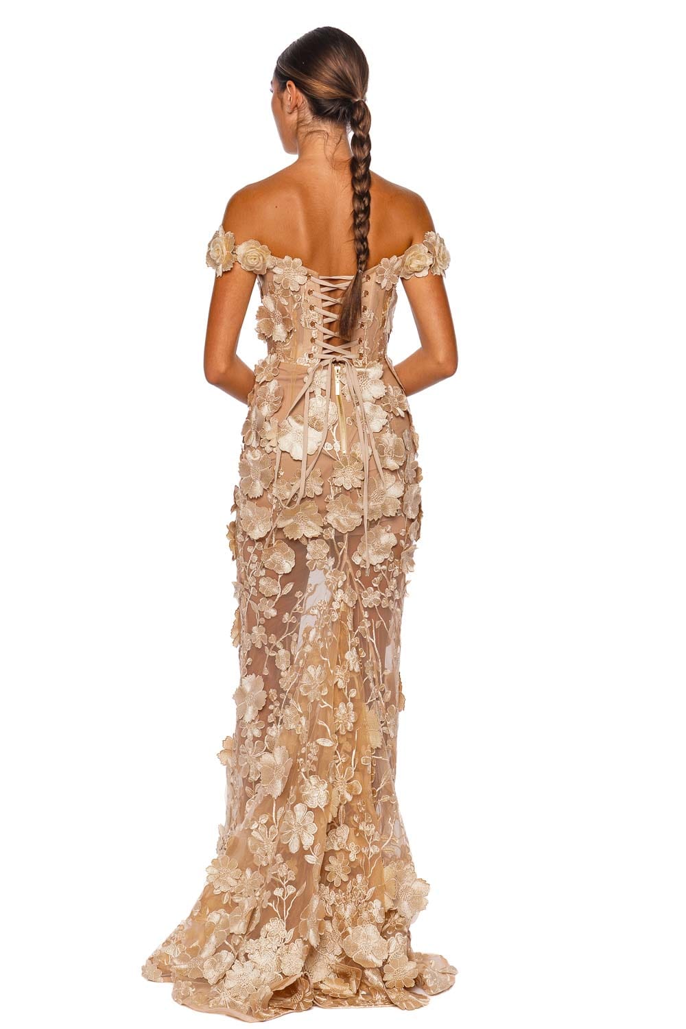 Bronx and Banco Jasmine Gold Off Shoulder Floral Gown