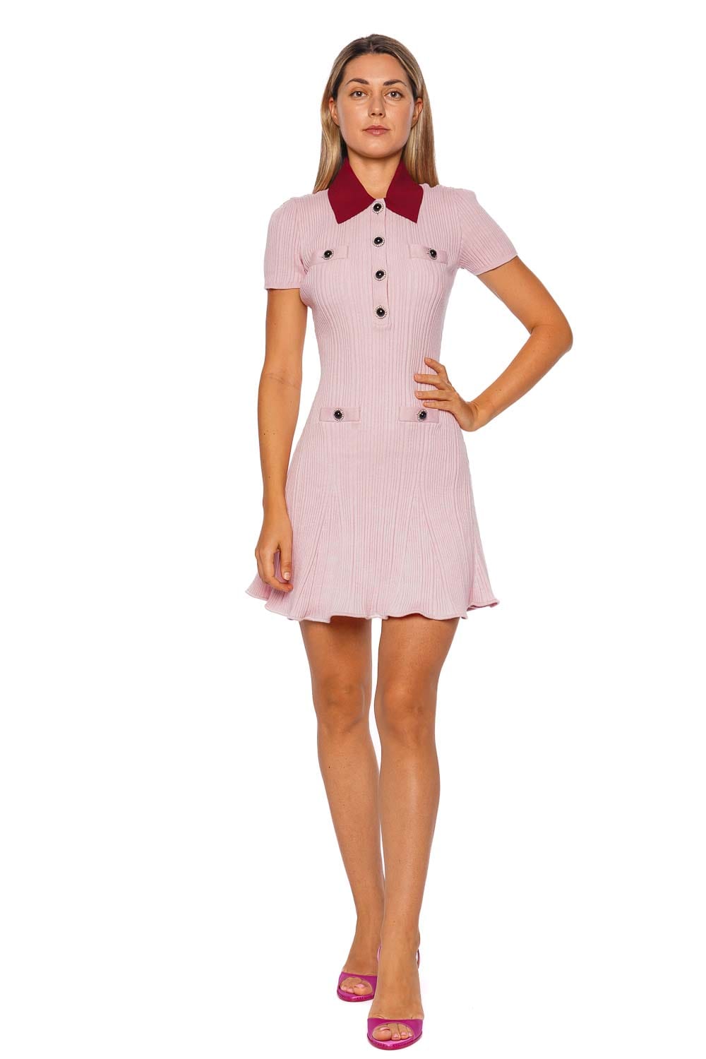 self-portrait Pink Contrast Collar Knit Mini Dress