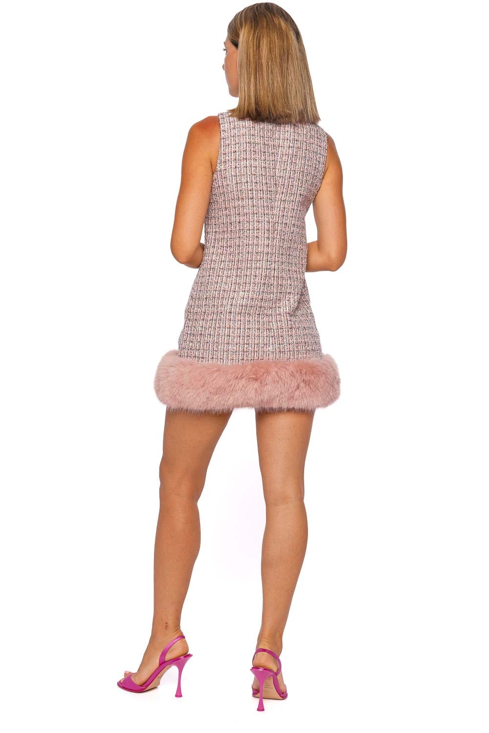 Pink Boucle Fur Trim Mini Dress Pink Boucle Fur Trim Mini Dress