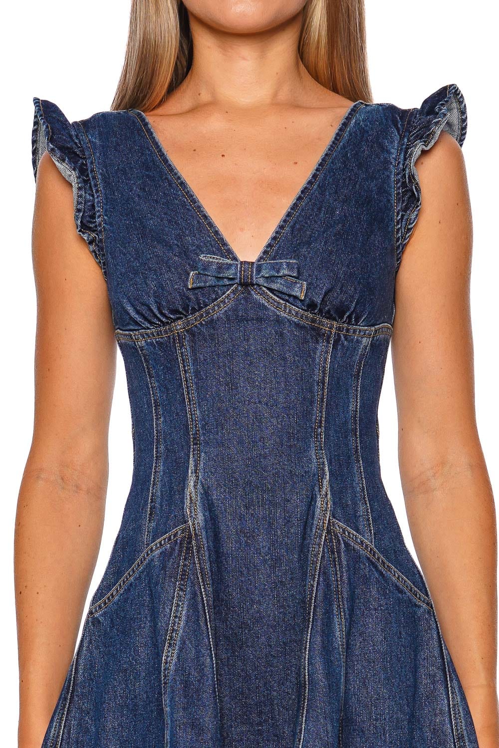 self-portrait DENIM FLARED MINI DRESS AW25-817S-BL BLUE
