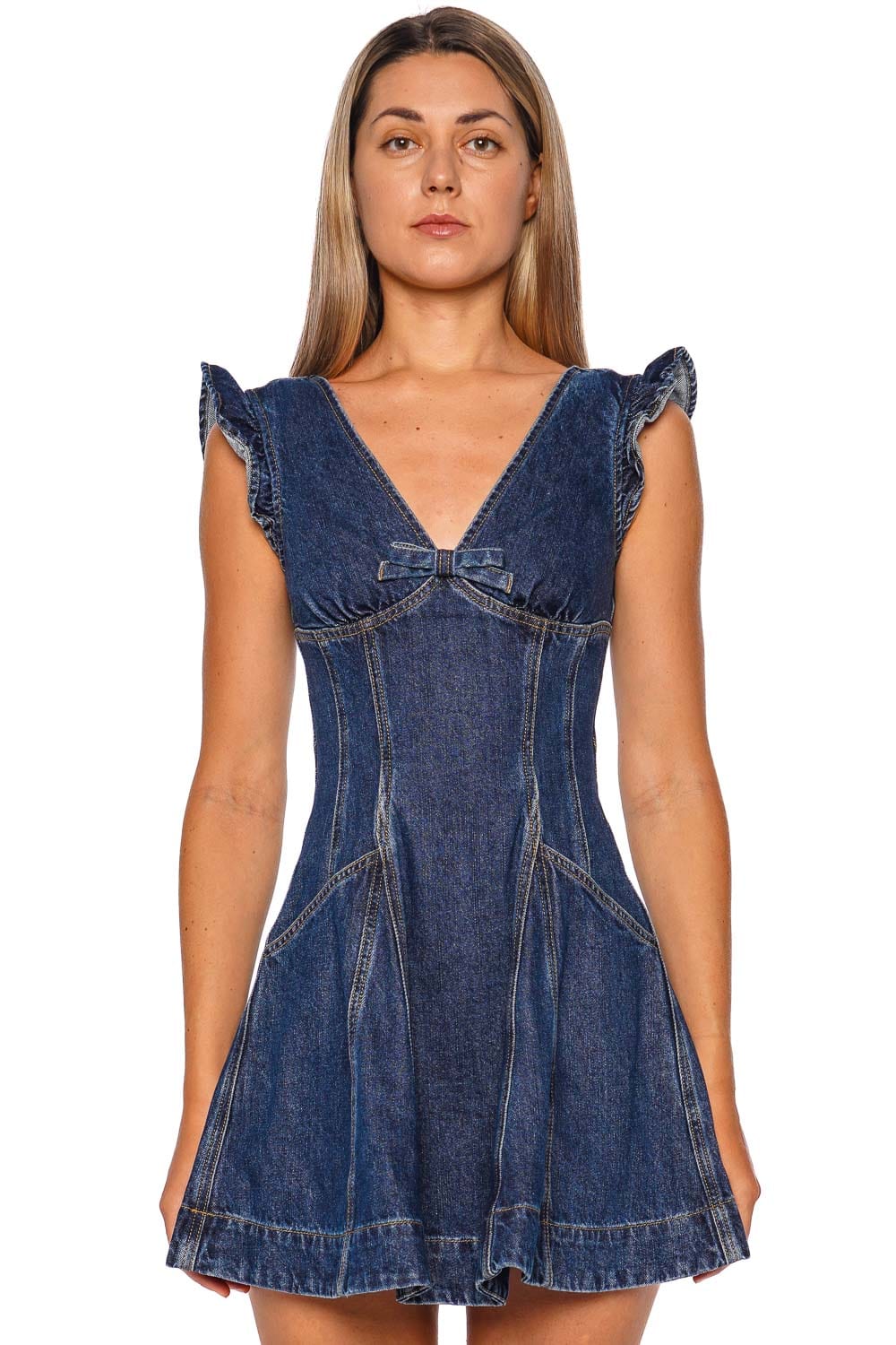 self-portrait DENIM FLARED MINI DRESS AW25-817S-BL BLUE
