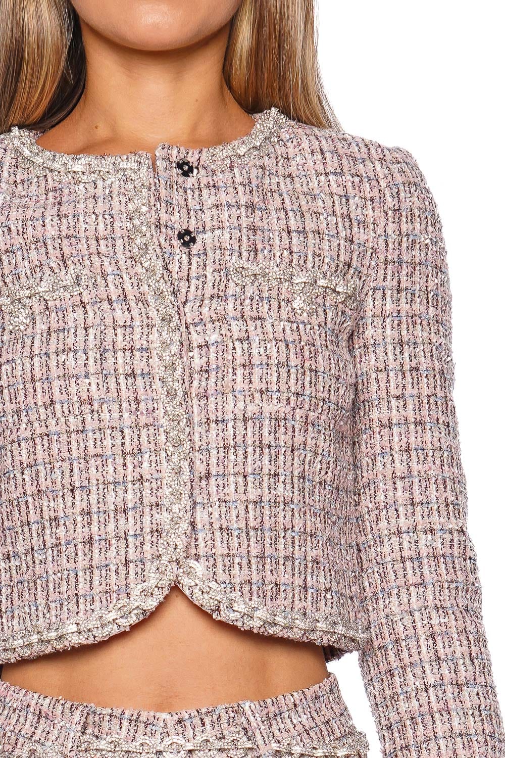 self-portrait PINK BOUCLE FUR CUFF JACKET AW25-098J-P PINK
