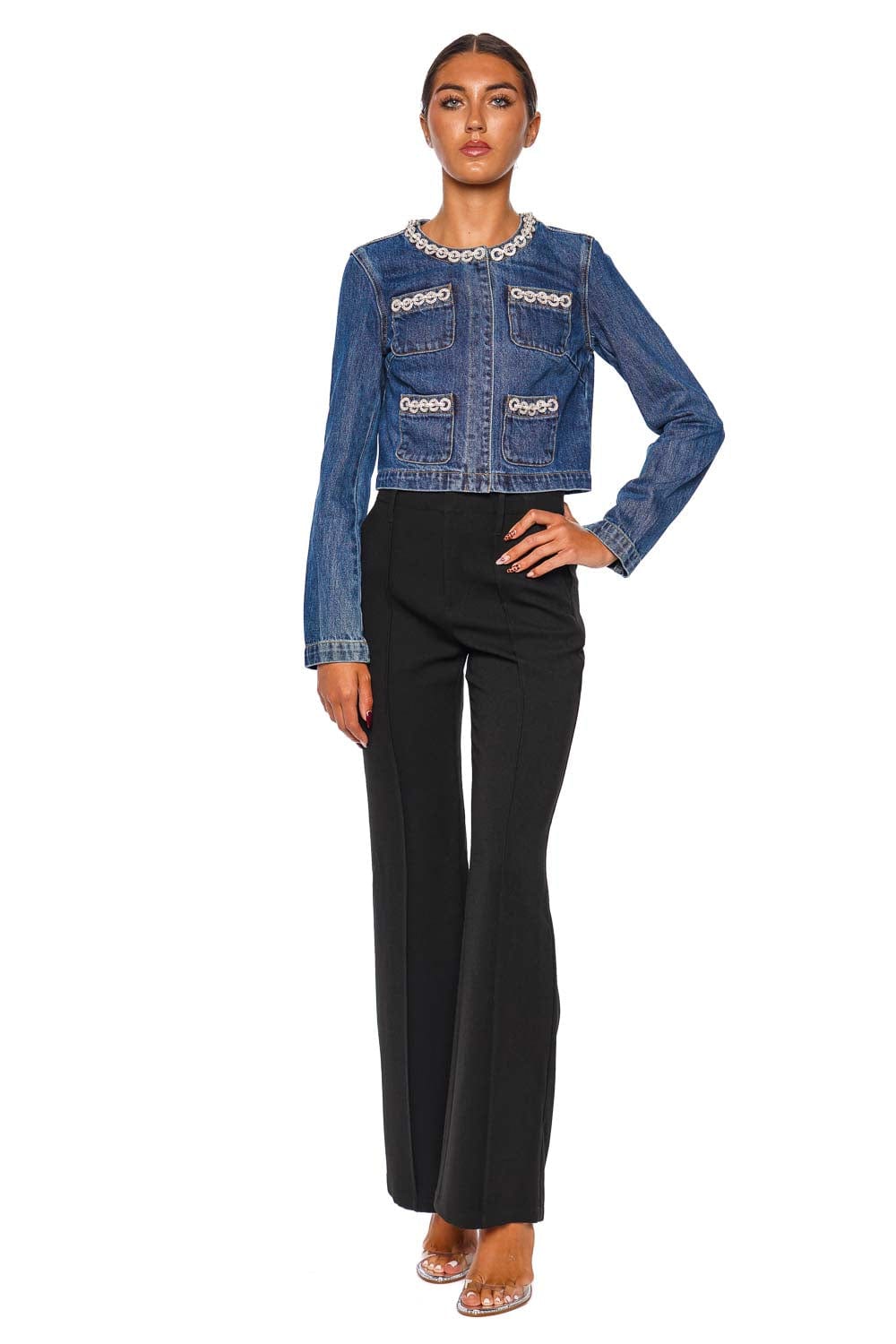 self-portrait Crystal Trim Cropped Denim Jacket