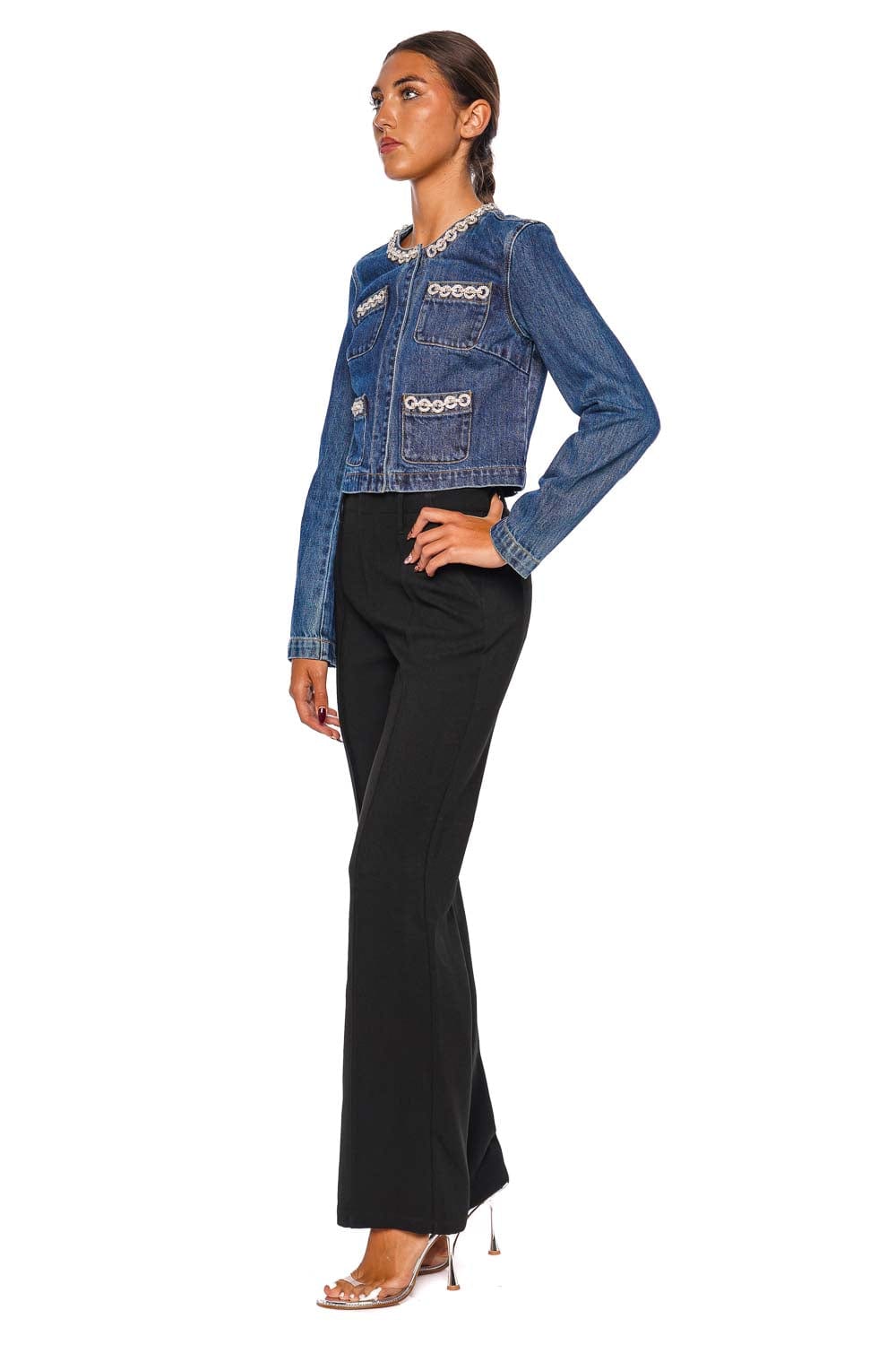 self-portrait Crystal Trim Cropped Denim Jacket