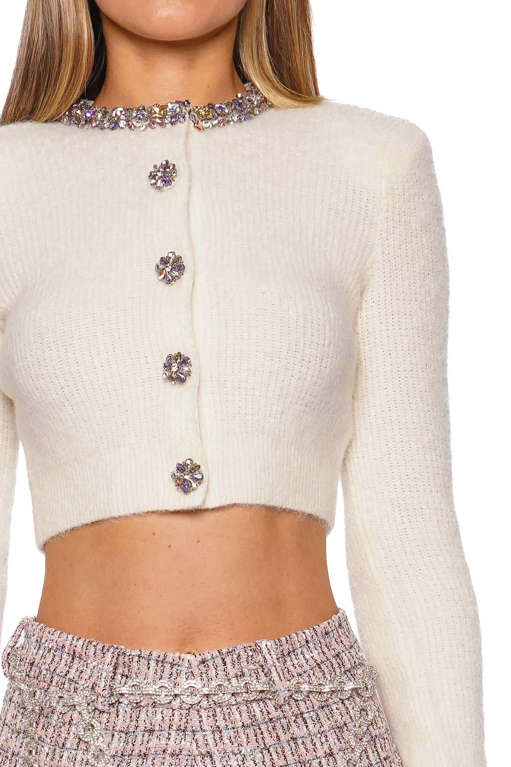 self-portrait CREAM EMBELLISHED TRIM CARDIGAN AW25-135C-C CREAM