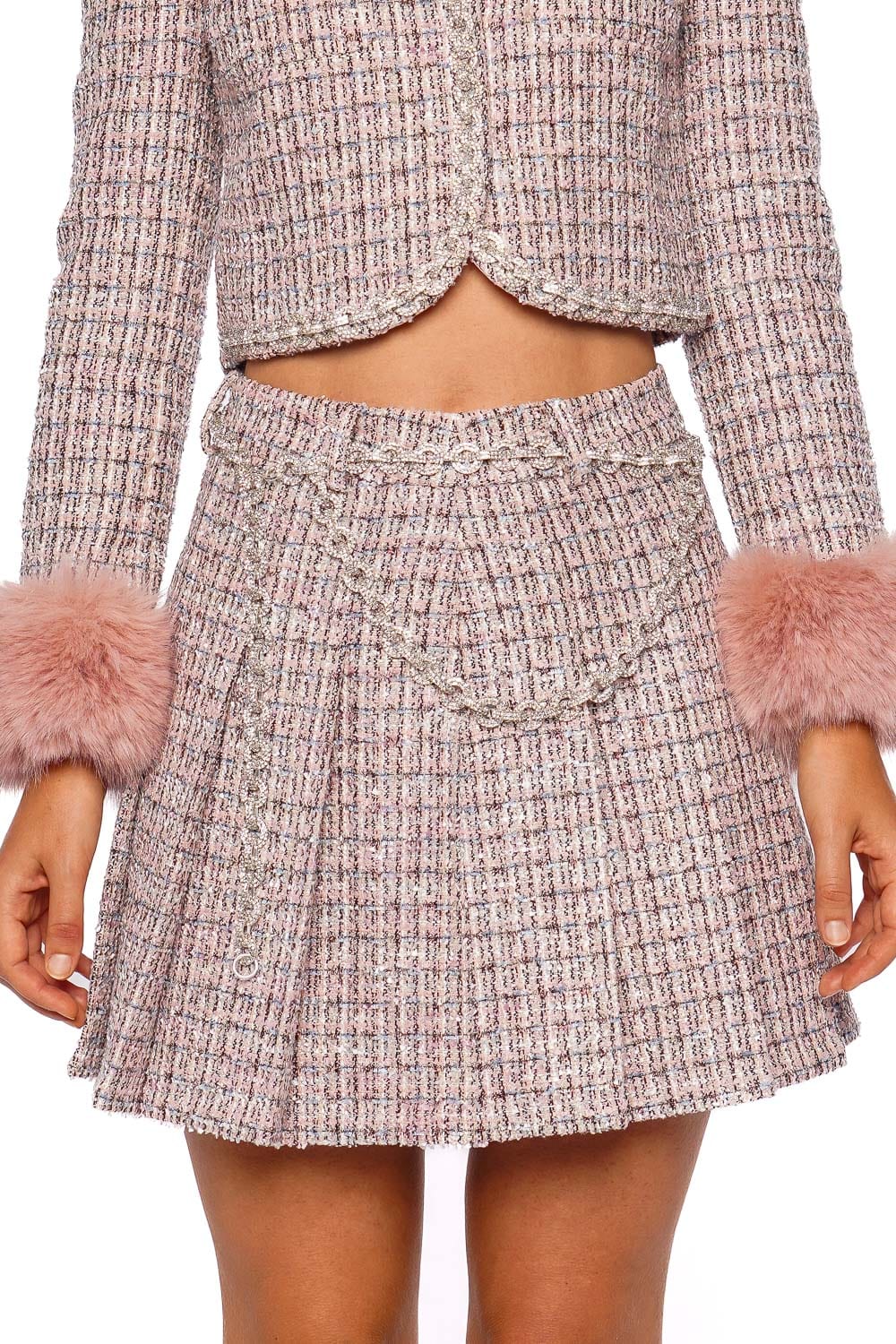 Pink Boucle Crystal Belt Mini Skirt