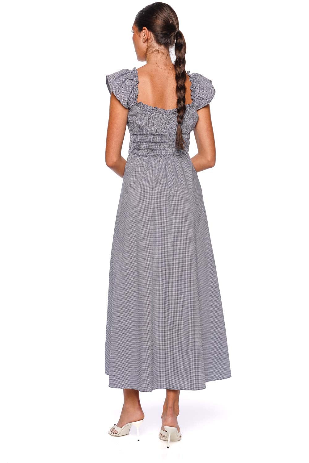 Faithfull The Brand Janne Hanne Gingham Vintage Navy Midi Dress with Ruffle Sleeves