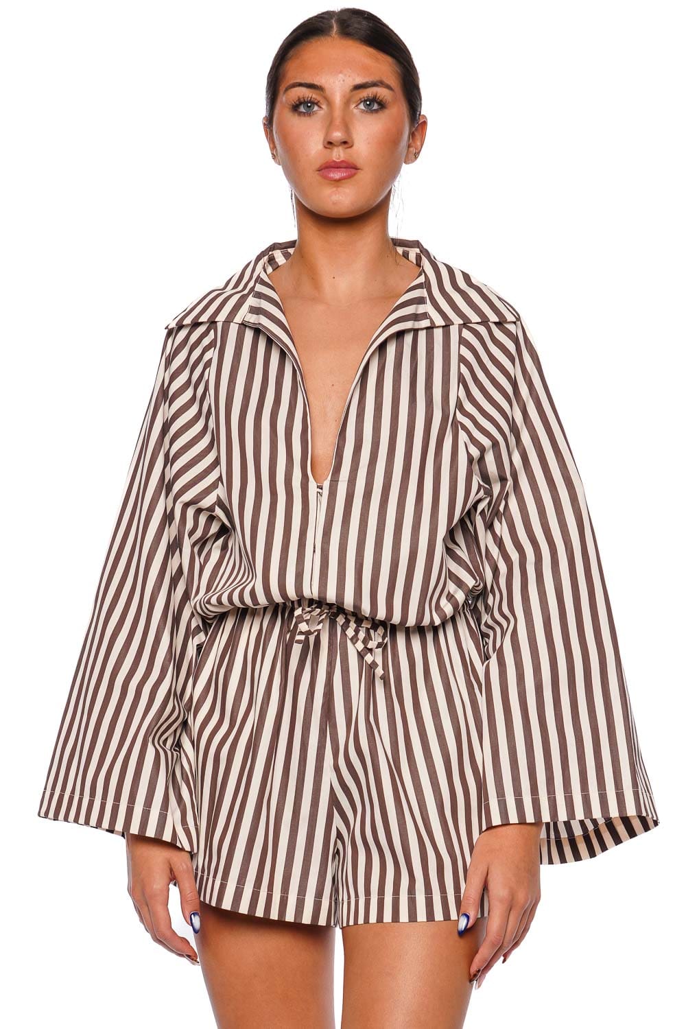 Faithfull The Brand Aksel Norway Stripe Espresso Playsuit with Wide Sleeves
