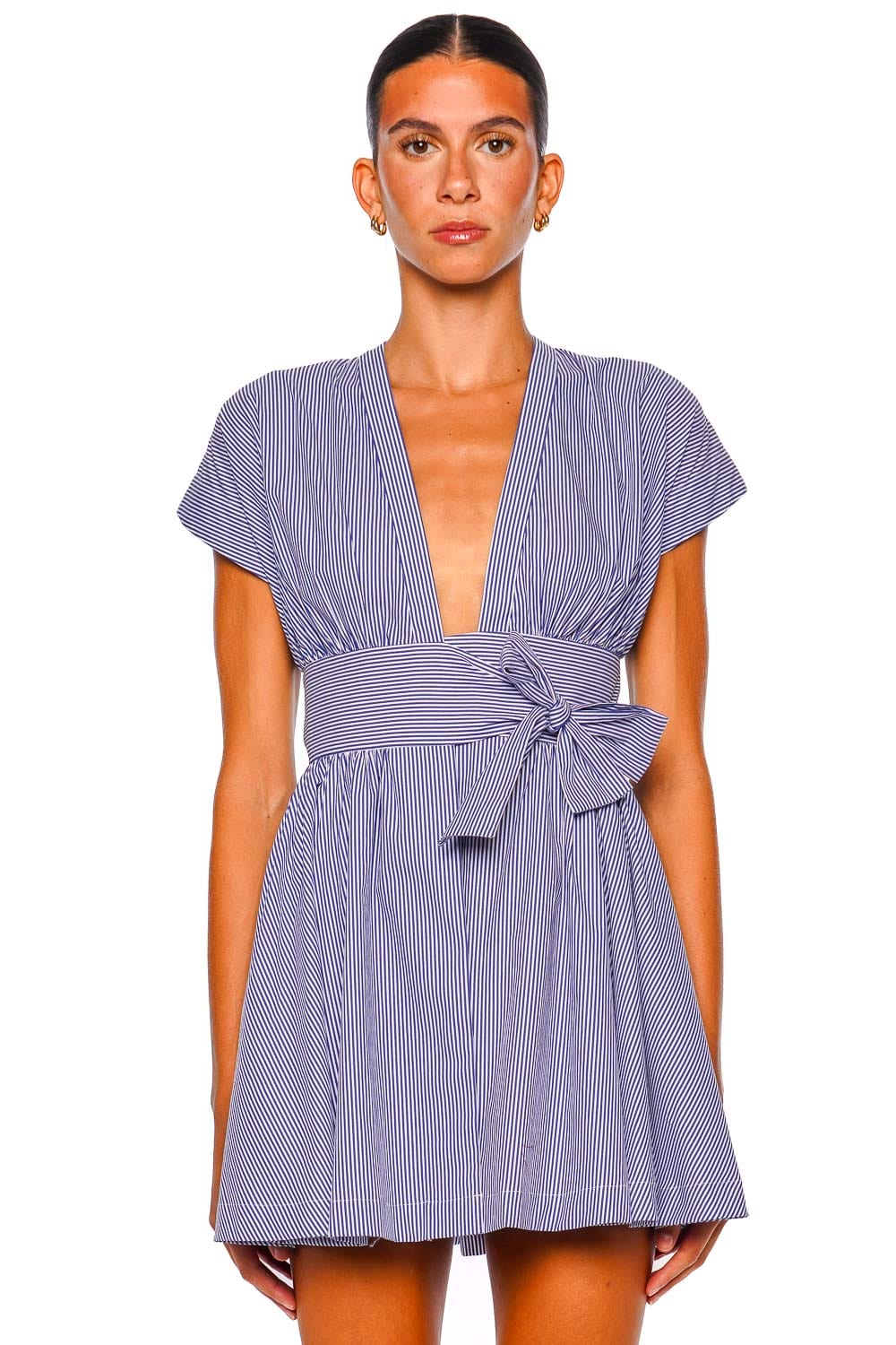 Faithfull The Brand Lova Navy Stripe Cotton Wrap Mini Dress