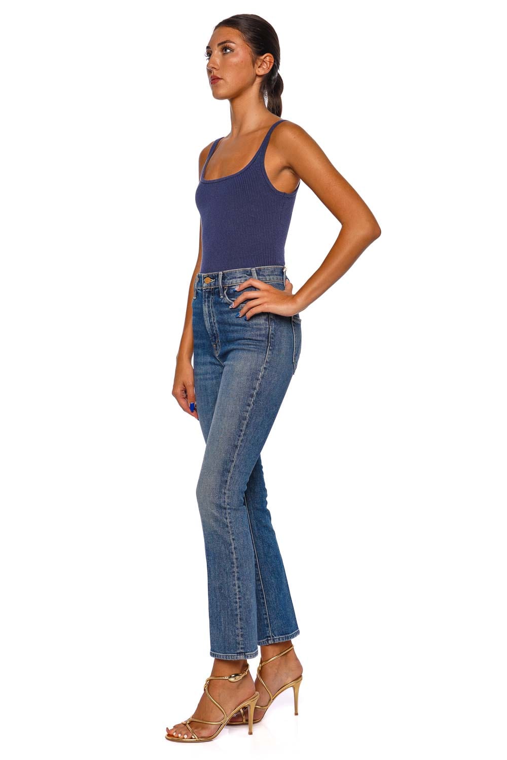 MOTHER Denim The Hustler Ankle Fray Mid Blue Jeans