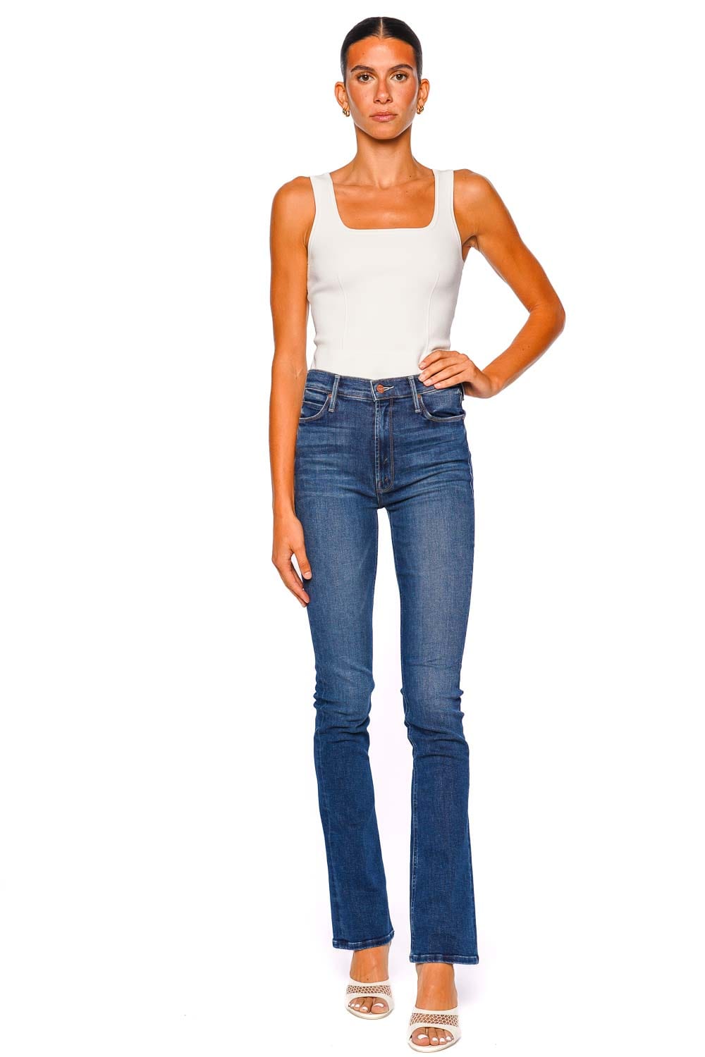 MOTHER Denim Start Your Engines High Waisted Flare Jeans Medium Blue