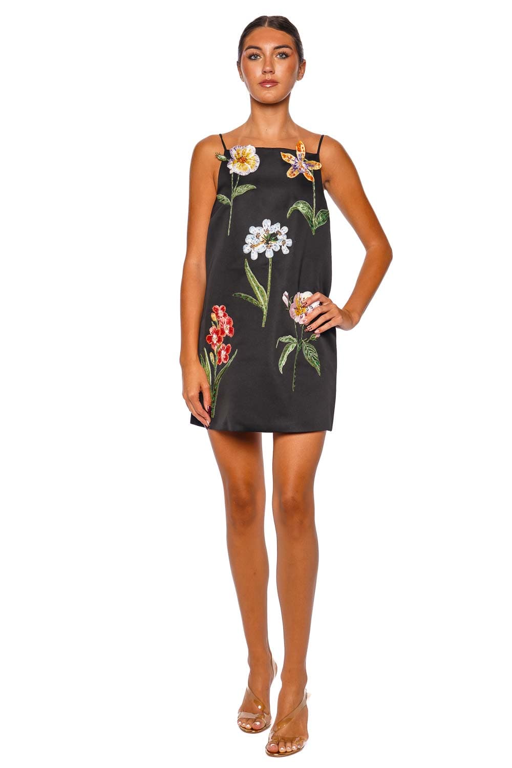LEO LIN Leia Ebony Botanical Print Mini Dress with Spaghetti Straps