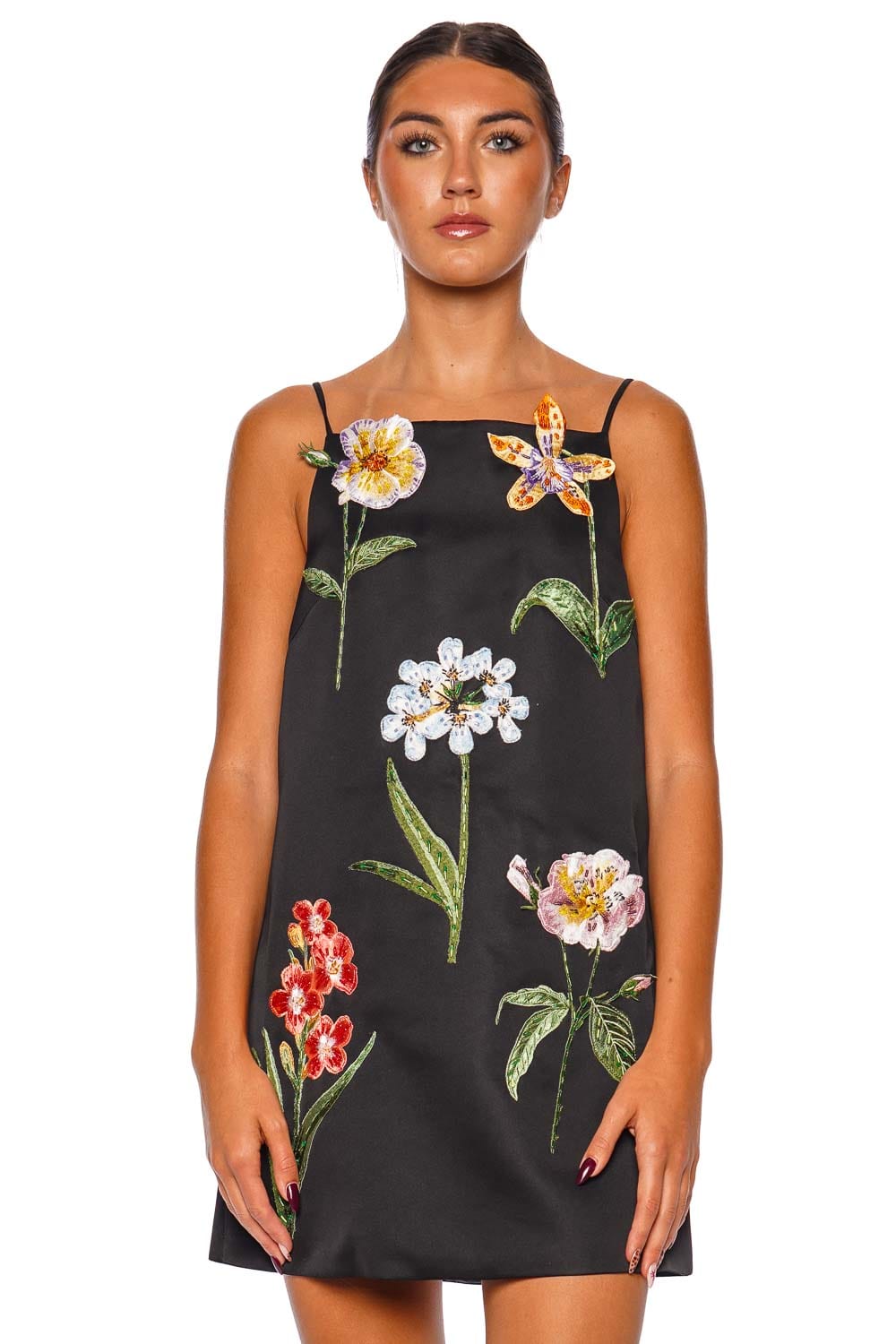 LEO LIN Leia Ebony Botanical Print Mini Dress with Spaghetti Straps