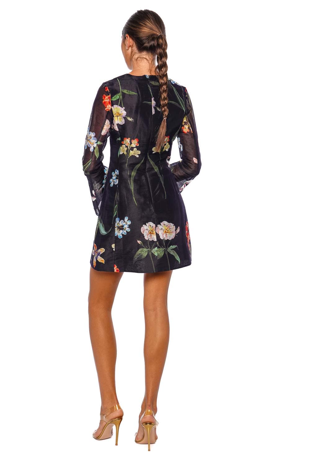 LEO LIN Suzanne Botanical Bell Sleeve Mini Dress Ebony