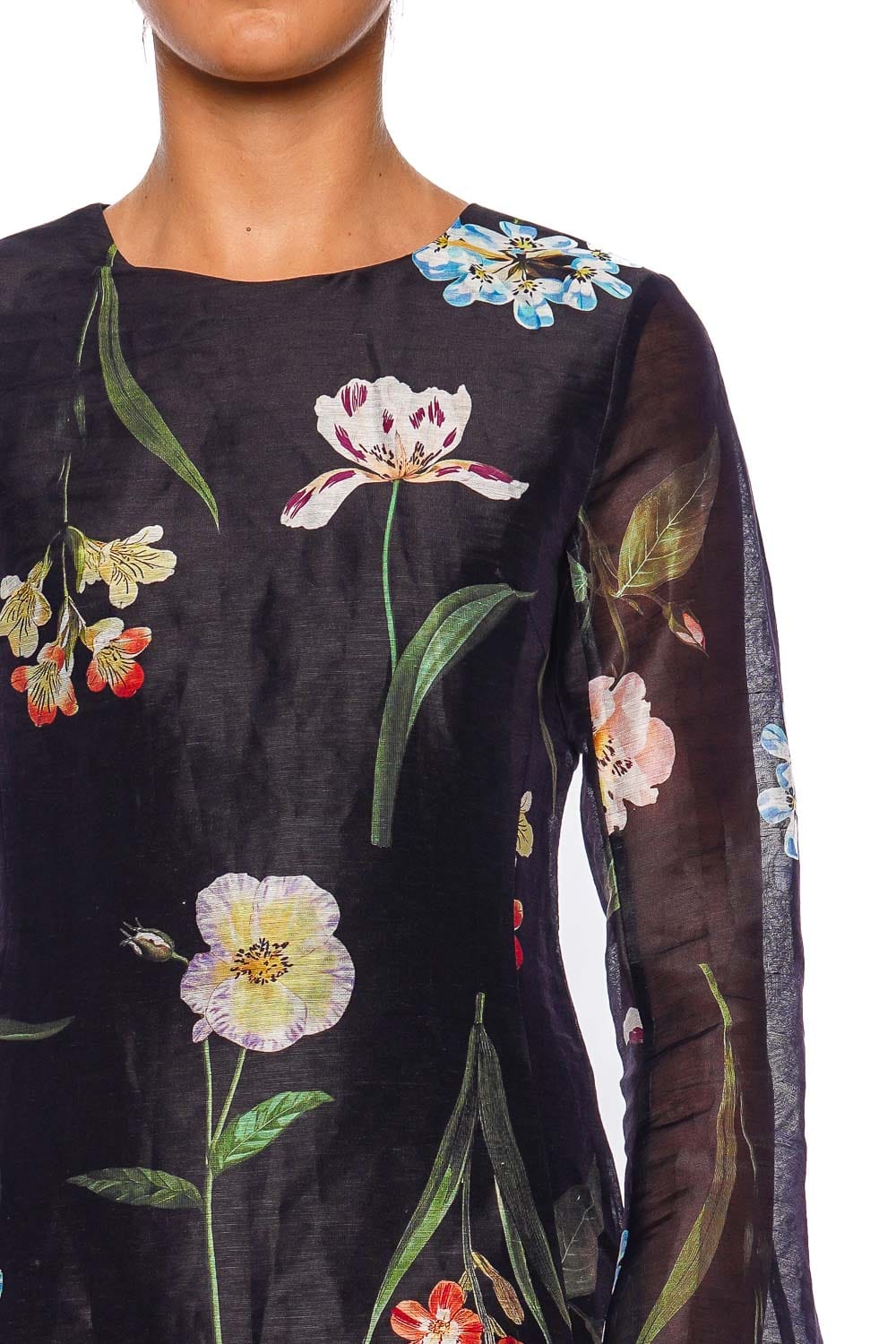 LEO LIN Suzanne Botanical Bell Sleeve Mini Dress Ebony