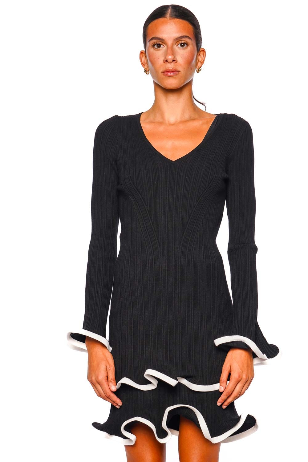 SIMKHAI Avalon Black Ruffled Knit Long Sleeve Mini Dress