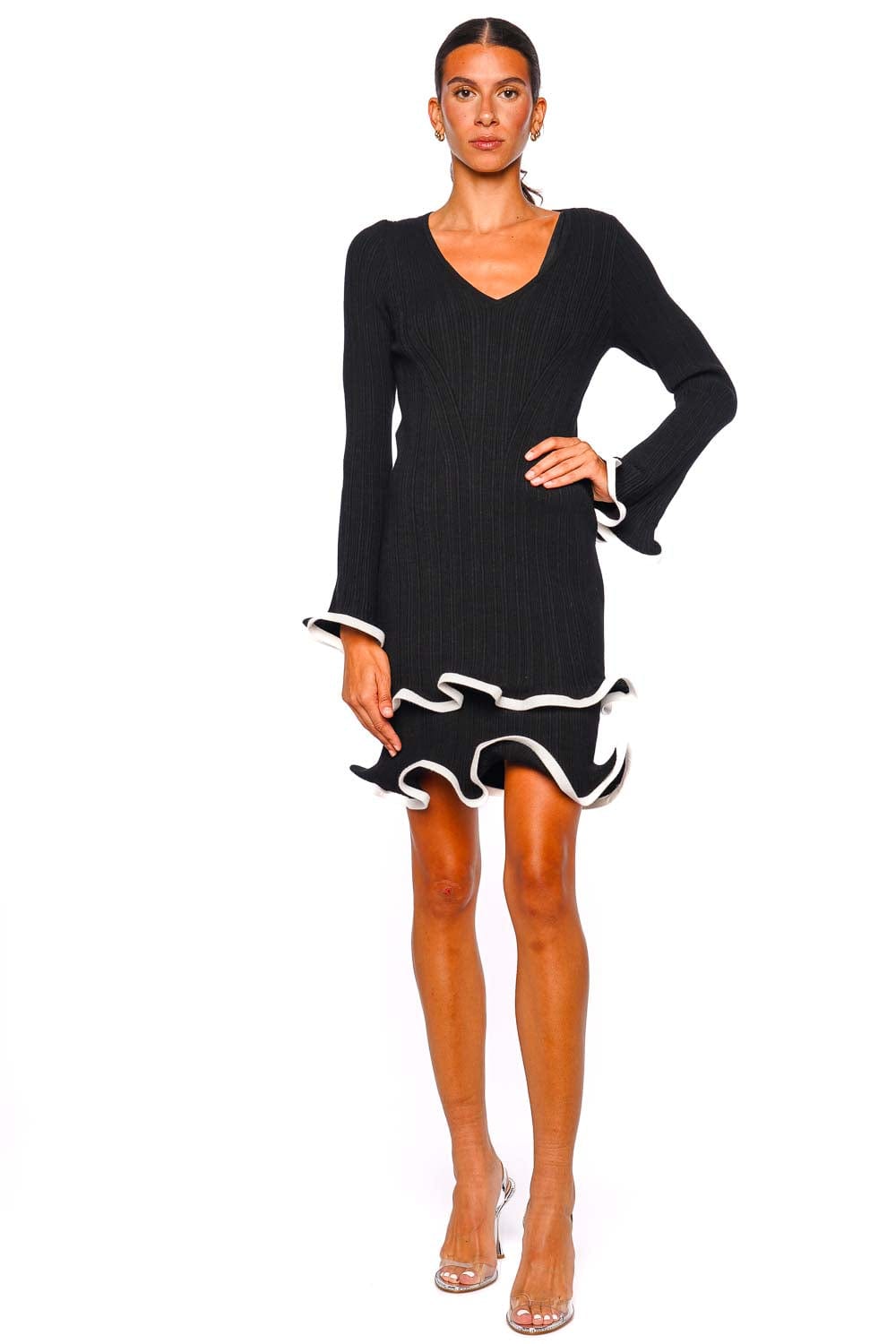 SIMKHAI Avalon Black Ruffled Knit Long Sleeve Mini Dress