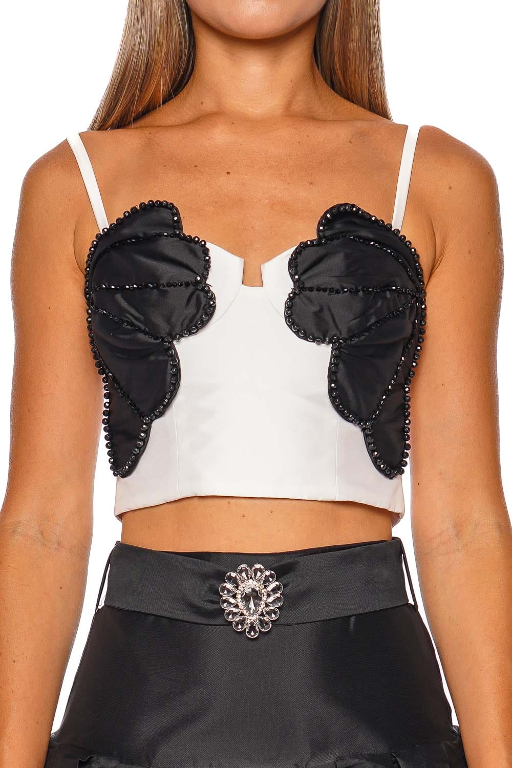 PatBO Off White Embellished Crop Top with Straps
