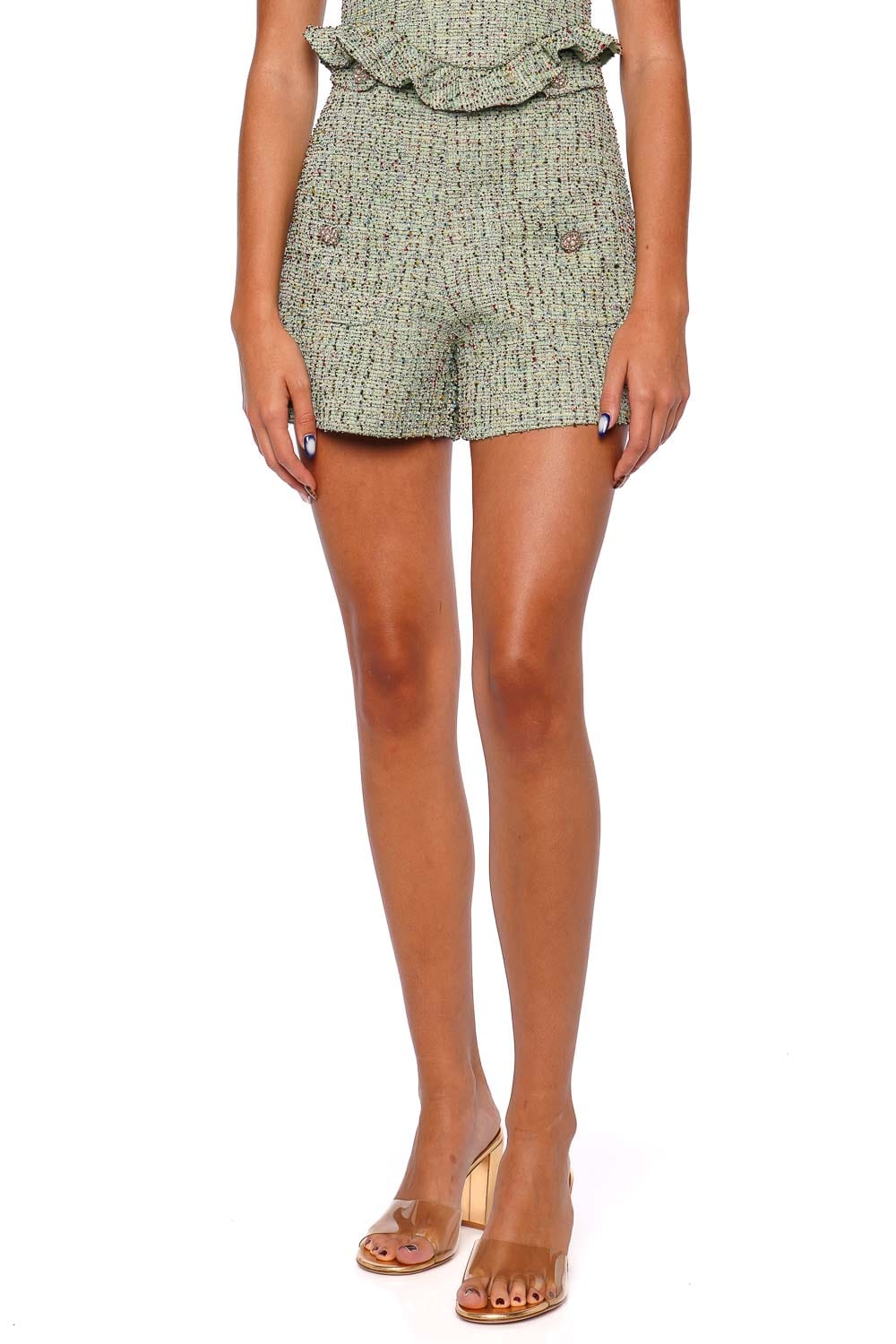 PatBO Crystal Green Tweed Short Romper with Pearl Straps