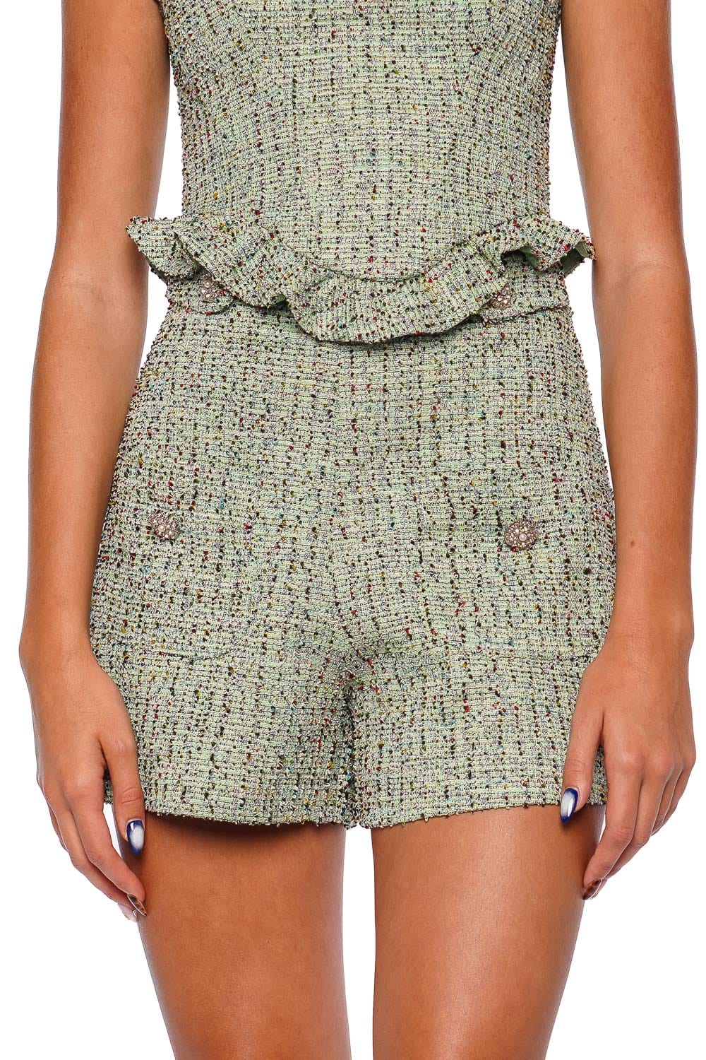PatBO Crystal Green Tweed Short Romper with Pearl Straps
