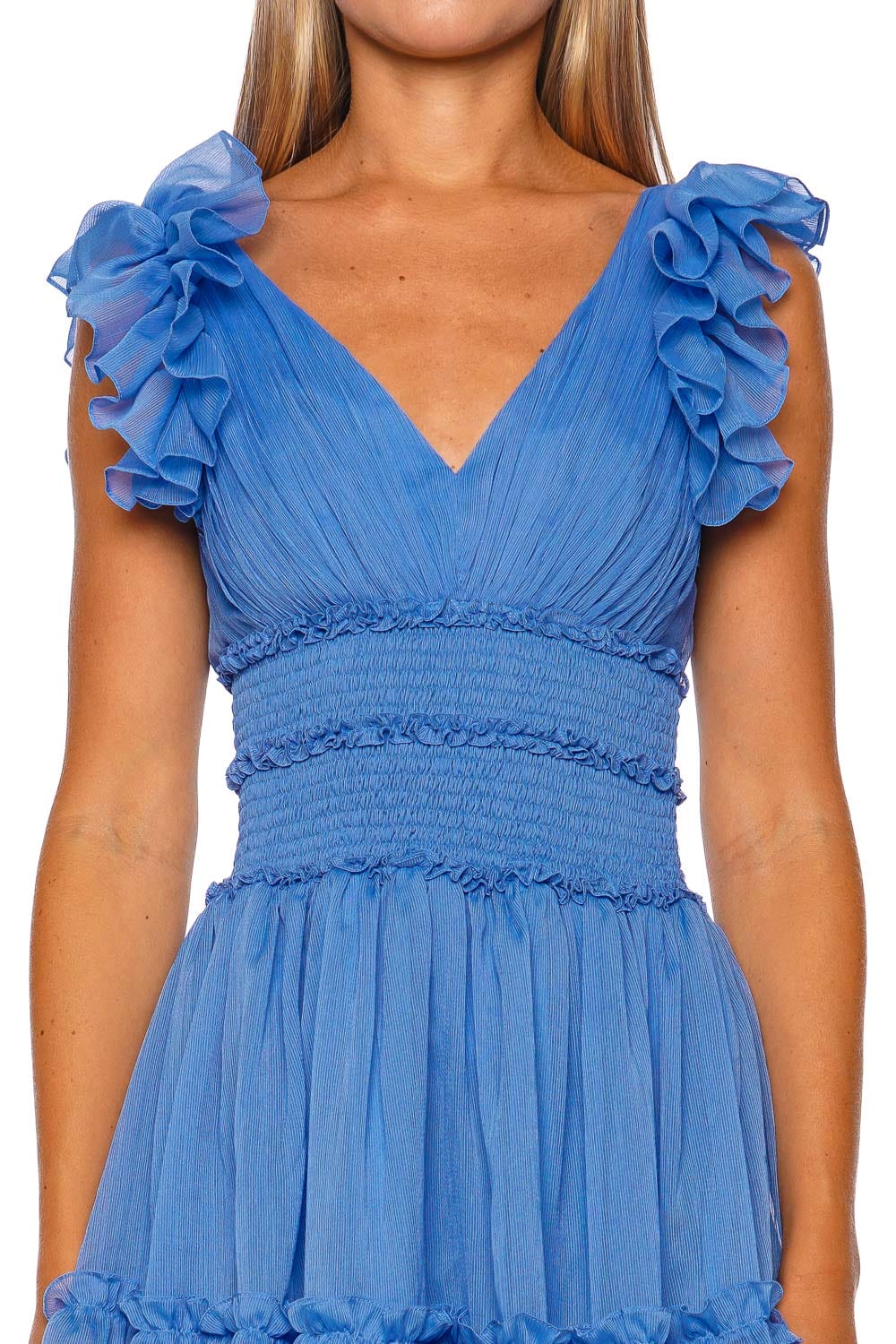 PatBO Chiffon Wonderland Blue Flutter Sleeve Mini Dress
