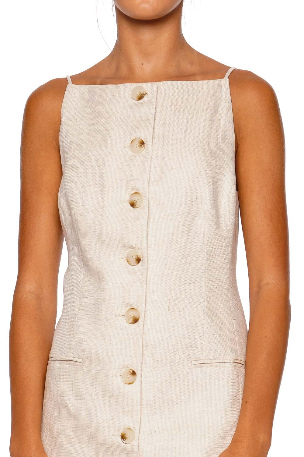 Shona Joy Elliot Square Neck Button Linen Mini Dress