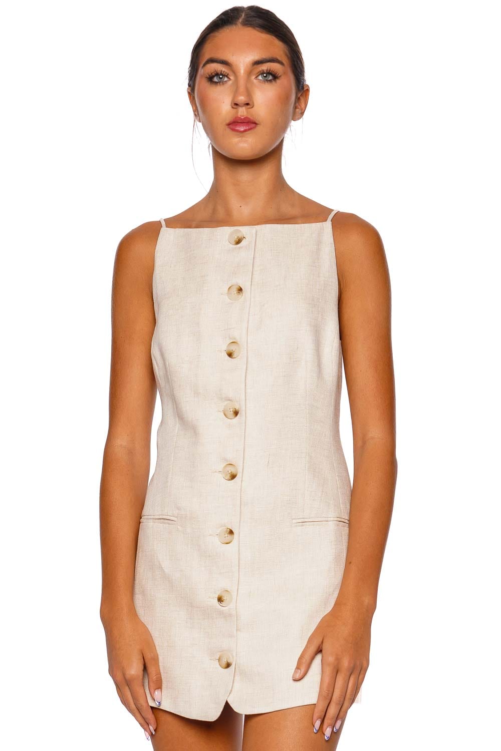 Shona Joy Elliot Square Neck Button Linen Mini Dress
