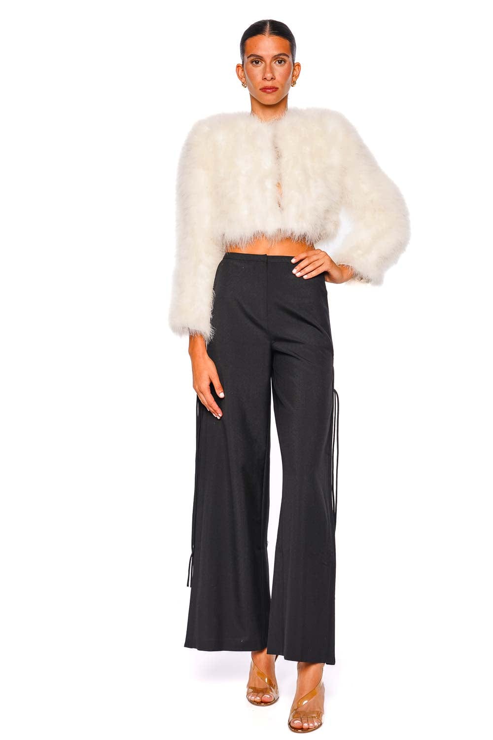 Bubish Manhattan Cropped Ivory Feather Jacket