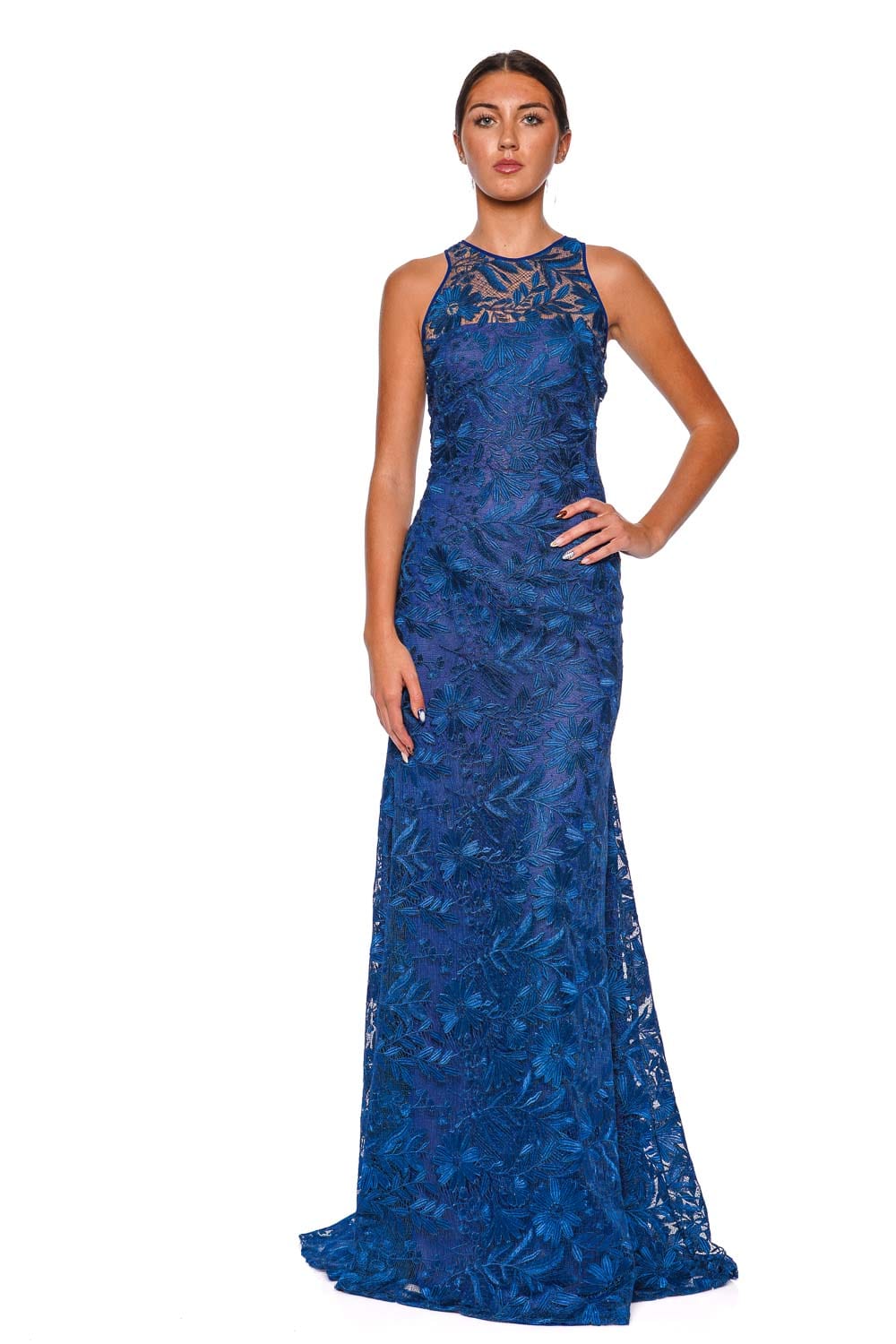 Naeem Khan Navy Floral Lace Halter Gown