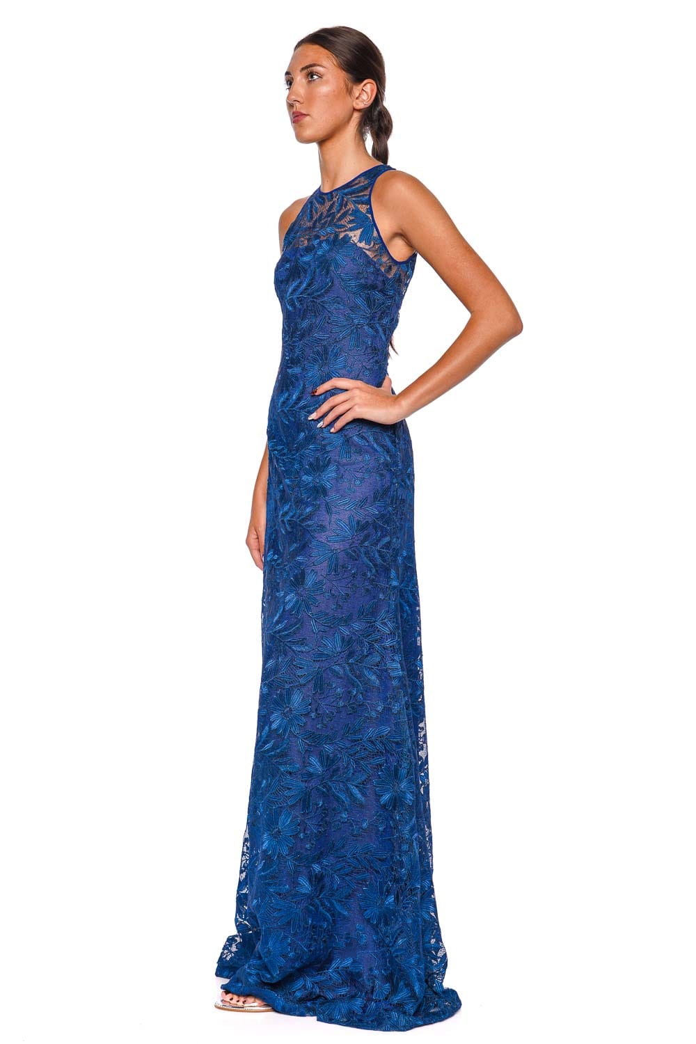 Naeem Khan Navy Floral Lace Halter Gown
