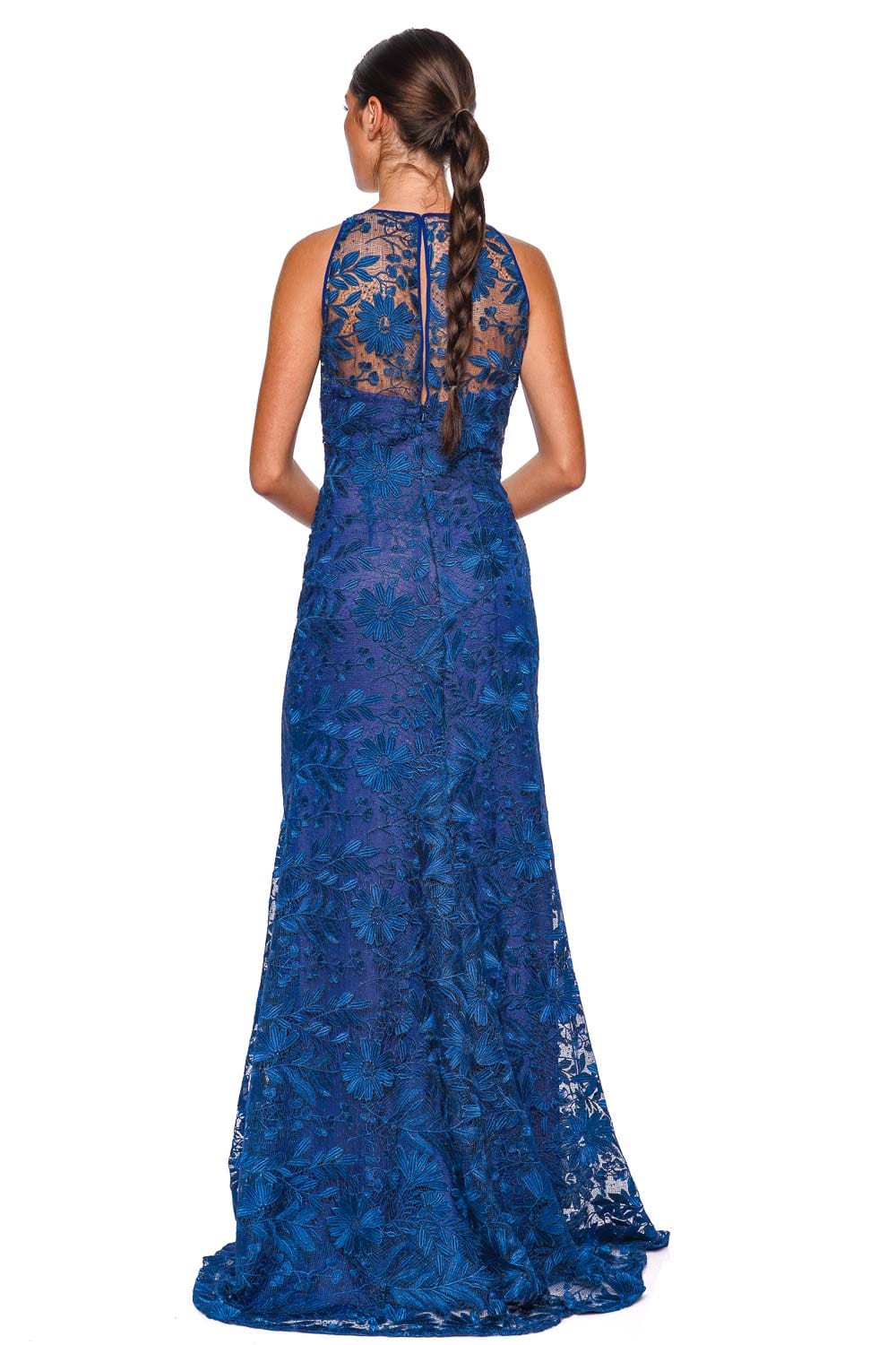 Naeem Khan Navy Floral Lace Halter Gown