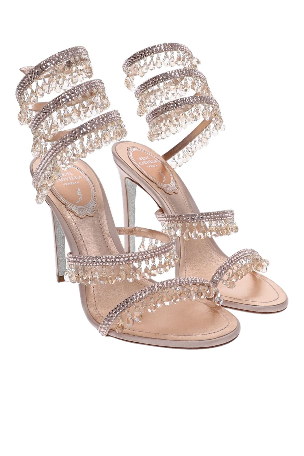 RENE CAOVILLA Crystal Light Pink Ankle Wrap Heels