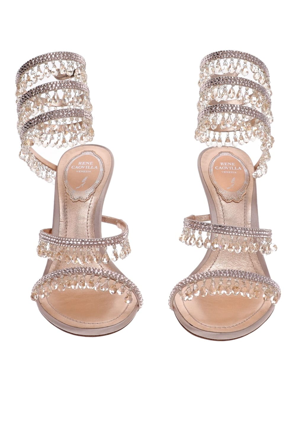 RENE CAOVILLA Crystal Light Pink Ankle Wrap Heels