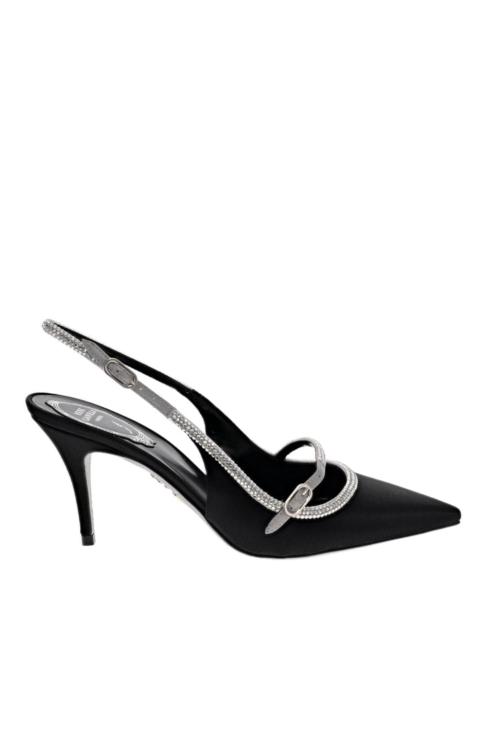 RENE CAOVILLA Lily Black Satin Crystal Trim Slingback