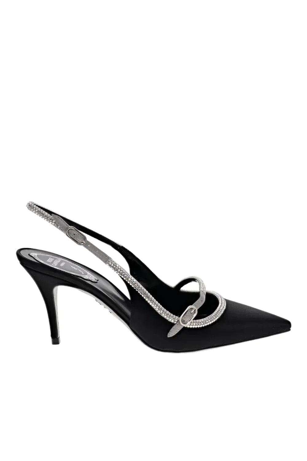 Lily Black Satin Crystal Trim Slingback