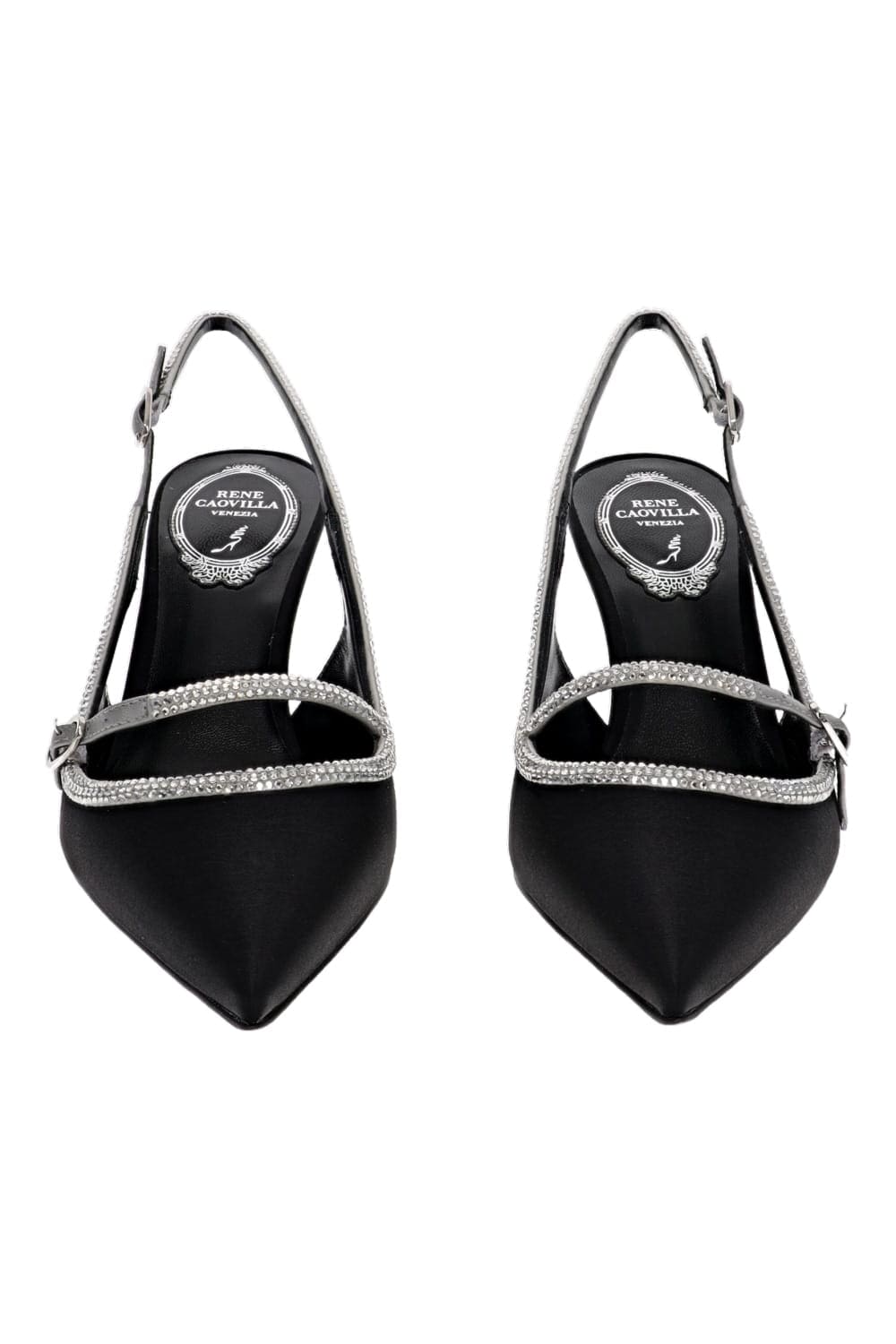 RENE CAOVILLA Lily Black Satin Crystal Trim Slingback