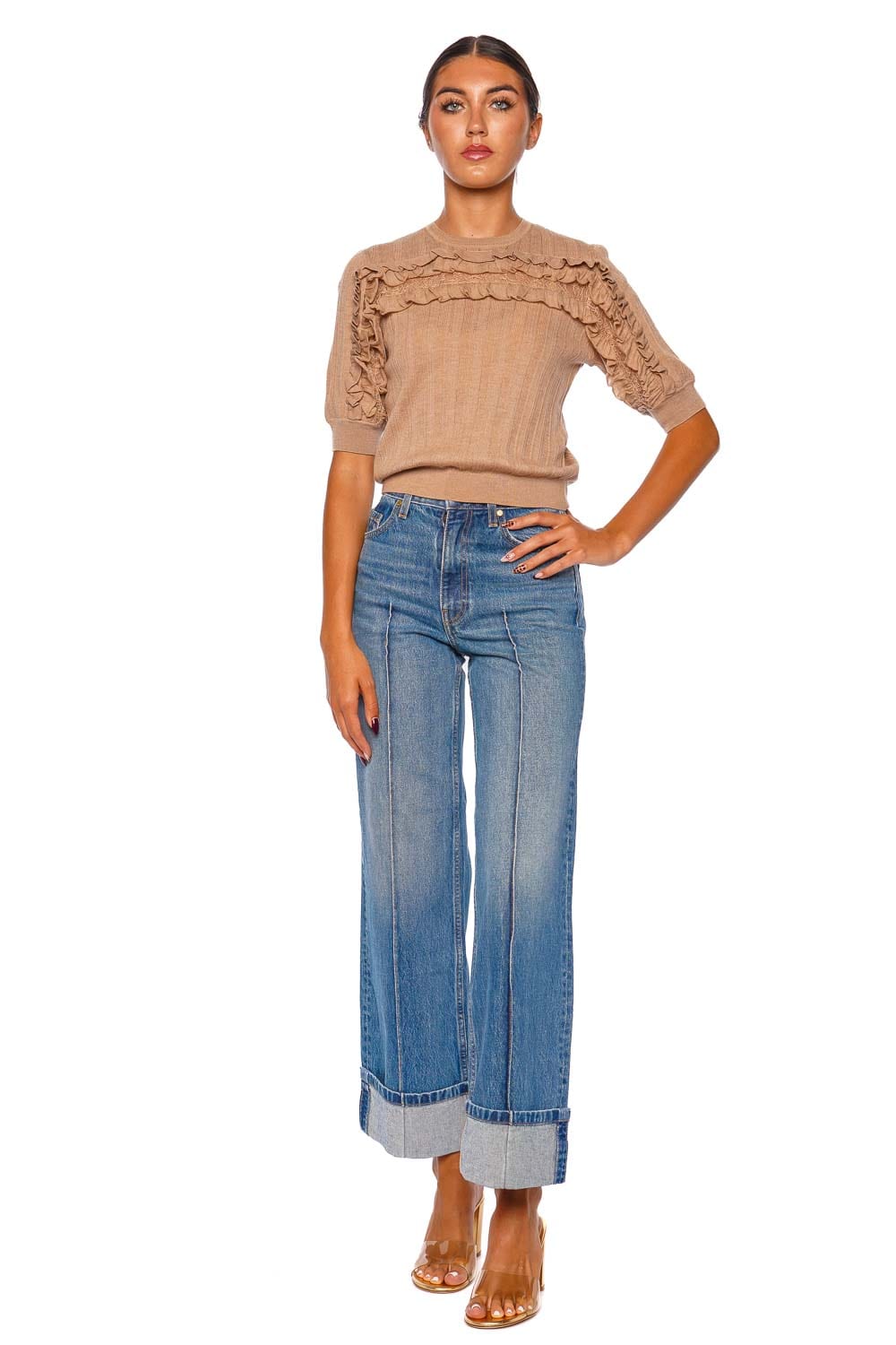 Ulla Johnson Salima Camel Ruffled Lace Knit Top