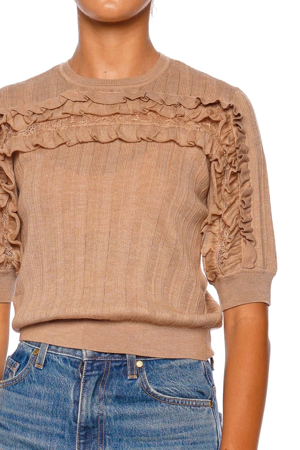 Ulla Johnson Salima Camel Ruffled Lace Knit Top