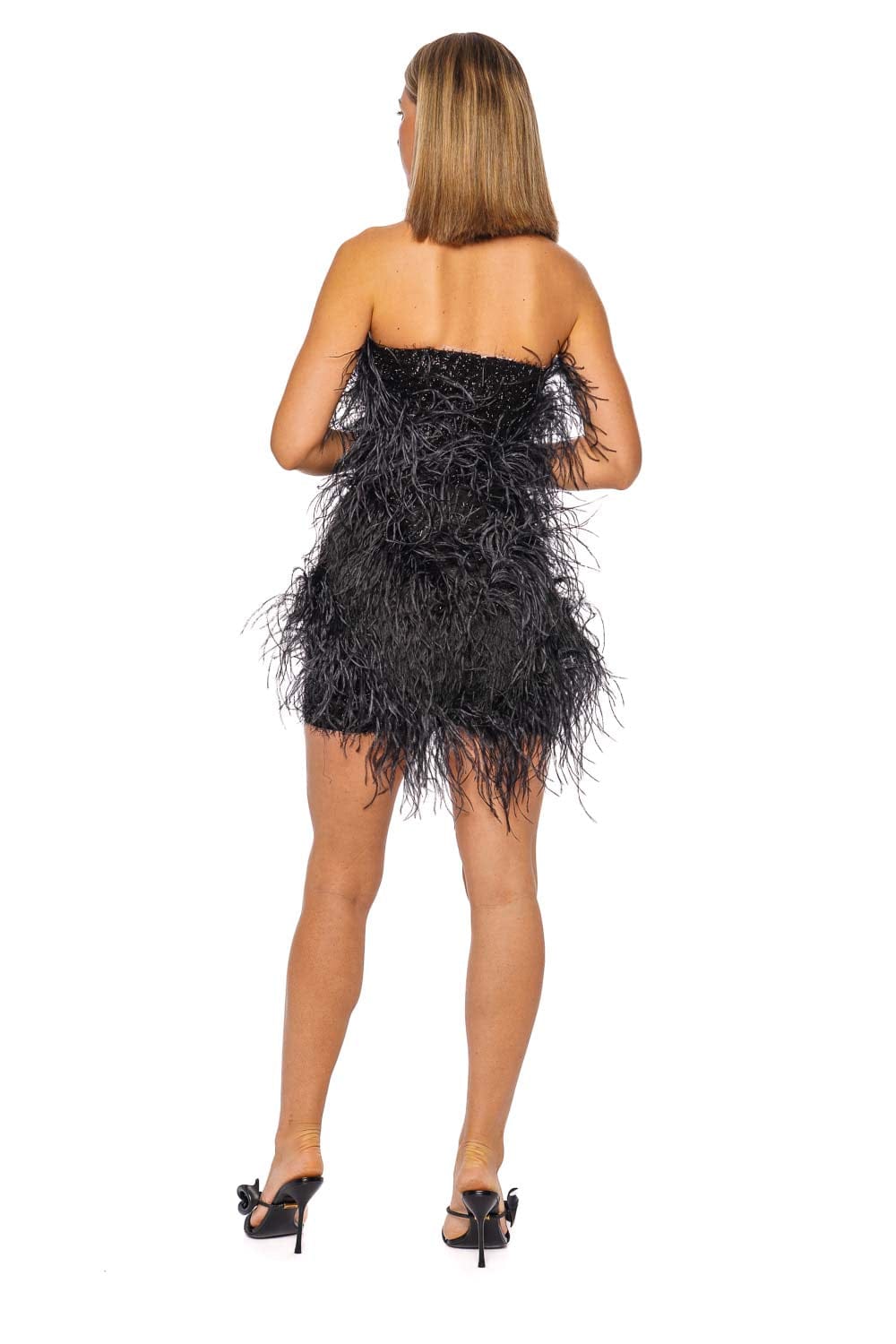 16ARLINGTON Visea Nero Feather Strapless Mini Dress