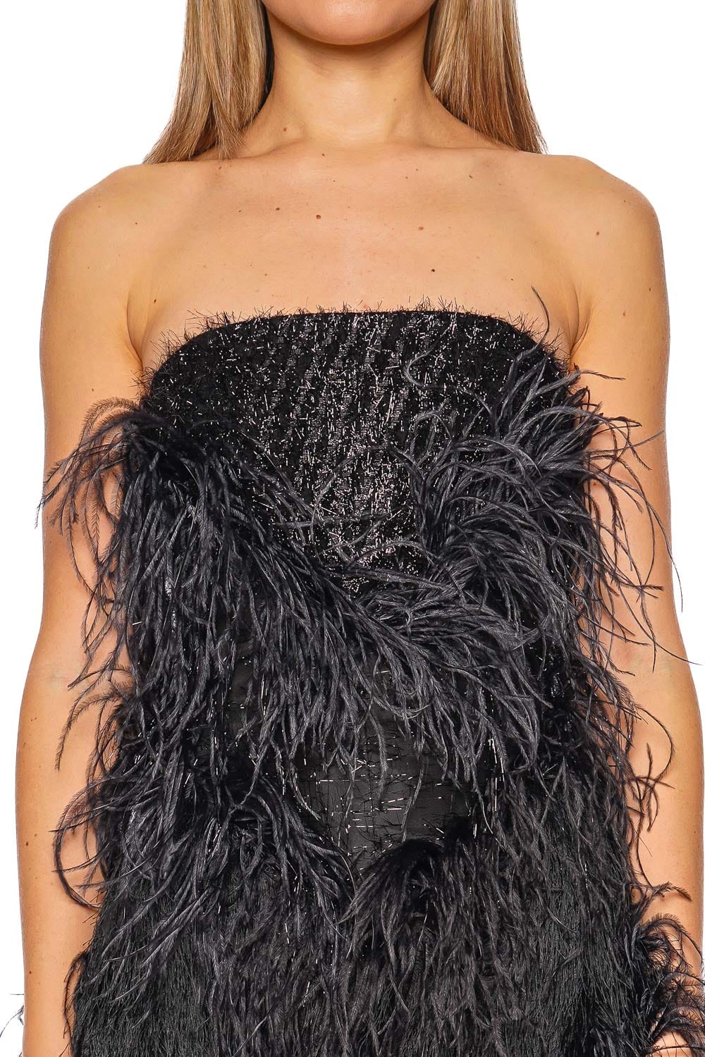 Visea Nero Feathered Strapless Mini Dress