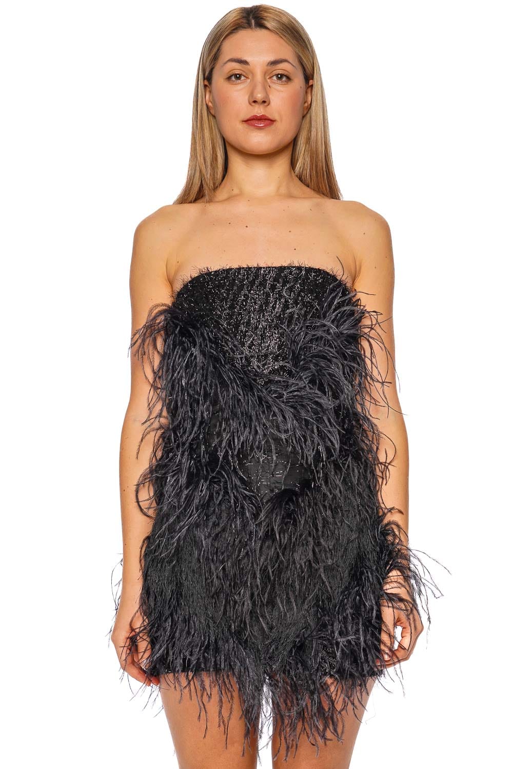 16ARLINGTON Visea Nero Feather Strapless Mini Dress