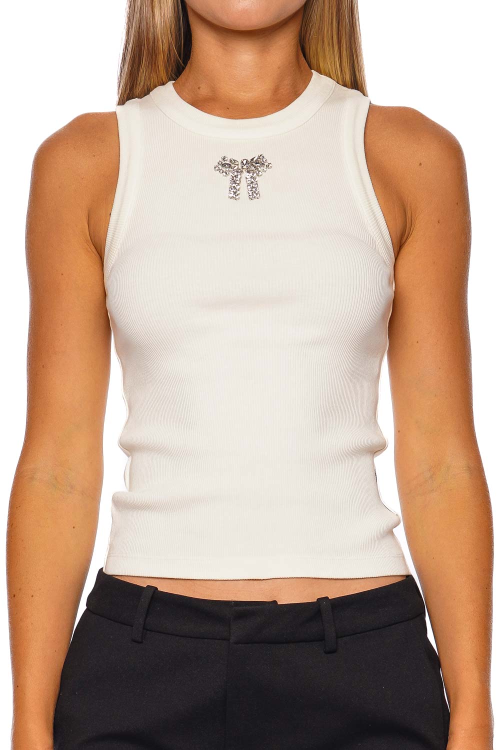 DES_PHEMMES Embellished Crème Sleeveless Tank Top